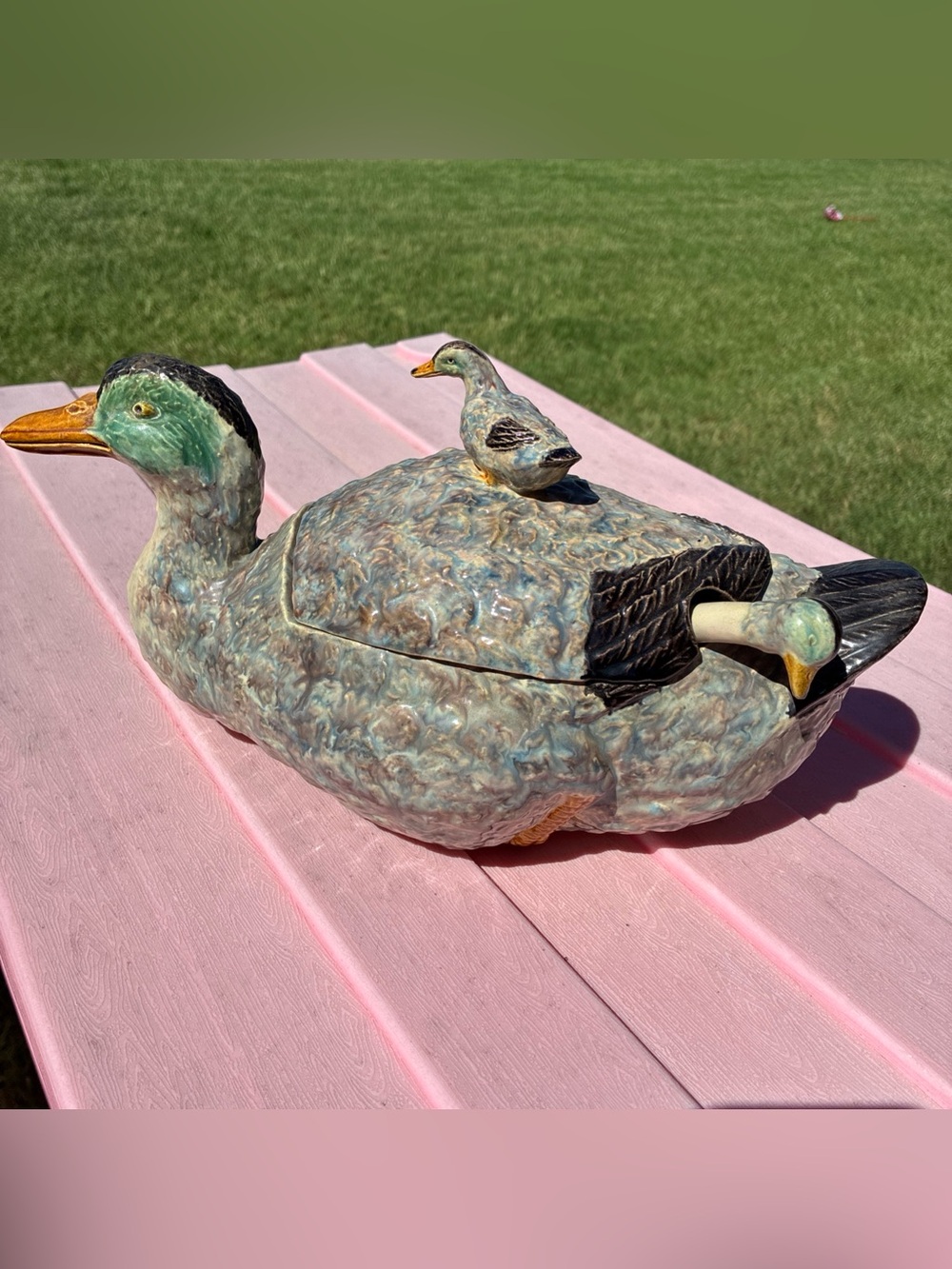 Vtg Majolica Portugal Duck and Duckling Soup Tureen with Ladle Palissy Ware